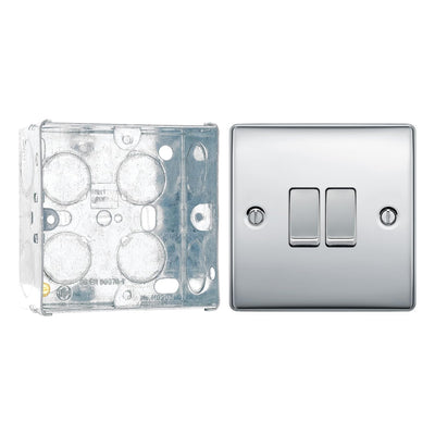 BG Nexus Polished Chrome 20A 16AX 2 Way Double Light Switch NPC42 with 35mm Steel Back Box