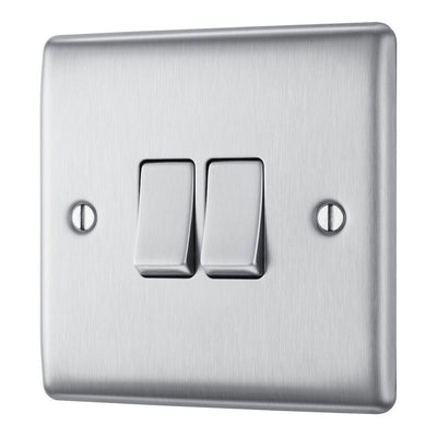 Brushed Steel 20A 16AX 2 Gang Double Light Switch & Surface Pattress Back Box