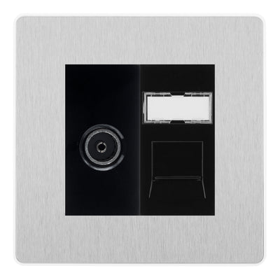 BG Evolve Brushed Steel TV Aerial & RJ45 CAT6 Data Socket - Black Insert