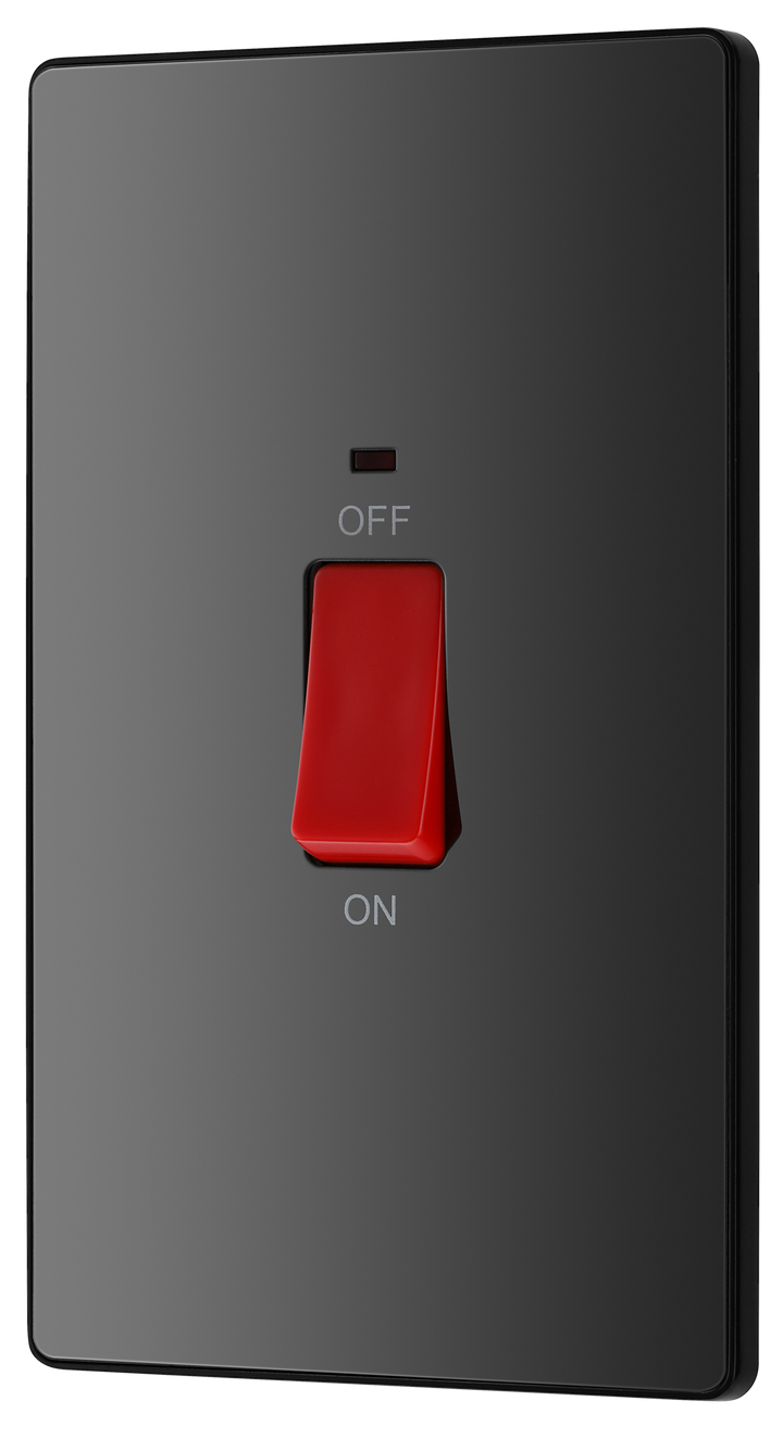 PCDBC72B Front - This Evolve Black Chrome 45A double pole switch with indicator from British General is ideal for use with cookers and has a large mounting plate measuring 146mm high x 86mm wide.