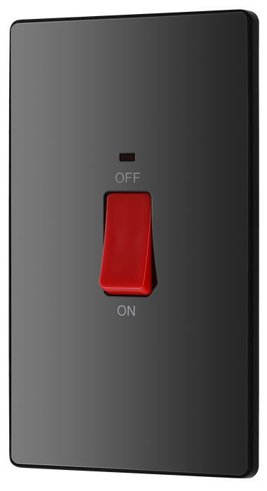 PCDBC72B Front - This Evolve Black Chrome 45A double pole switch with indicator from British General is ideal for use with cookers and has a large mounting plate measuring 146mm high x 86mm wide.