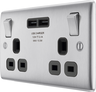 BG NBS22U3B Nexus Metal Brushed Steel 2 Gang 13A 2x USB-A 3.1A Switched Socket - Black Insert