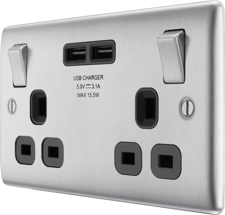 NBS22U3B Front - This 13A double power socket from British General comes with two USB charging ports allowing you to plug in an electrical device and charge mobile devices simultaneously without having to sacrifice a power socket.
