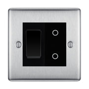 BG Brushed Steel 2 Gang Custom Switch 1x 2 Way Switch 1x Secondary Touch Dimmer Black Inserts by British General (BG-NEXUS-BS-2G-1x-2WAY-SWITCH-1x-STD-BI)