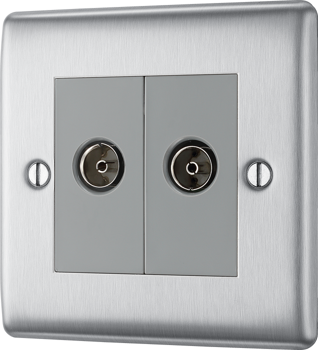 NBS61 Front - This coaxial socket from British General has 2 connection points for TV or FM aerial connections. This socket has a premium brushed steel finish with anti-fingerprint lacquer a sleek and slim profile and softly rounded edges to add a touch of luxury to your decor.