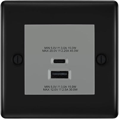 BG Nexus Matt Black 45W USB Wall Socket Euro Module USB-A & C - Grey Insert by British General (BG-NFBEMS2+EMUSBAC45G)