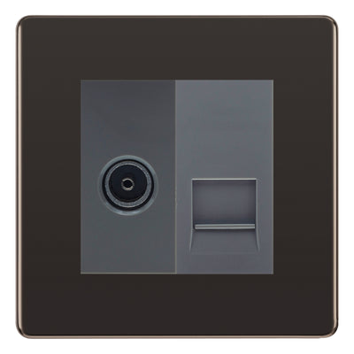 BG Screwless Black Nickel TV Aerial & BT Telephone Outlet Plate — Grey Insert