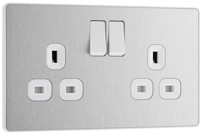 BG PCDBS22W Brushed Steel Evolve 2 Gang 13A Switched Socket Outlet - White Insert