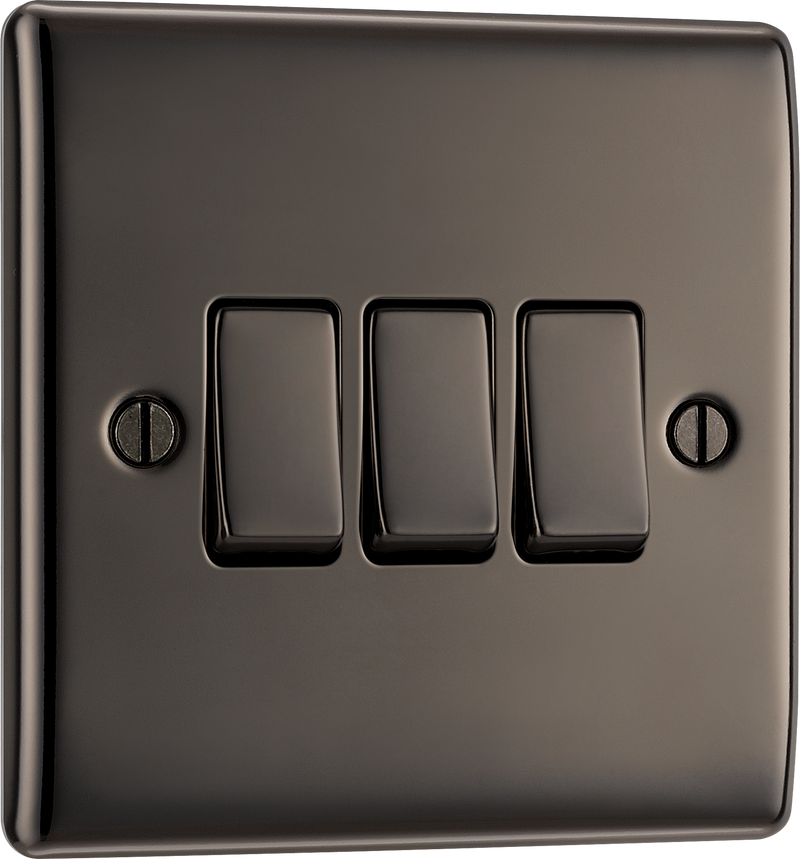 BG NBN43 Nexus Metal Black Nickel 3 Gang 10A 10AX 2 Way Plate Switch