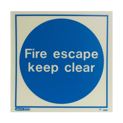 Extinguishers & Equipment: Photoluminescent Keep Clear Door Signs - Rigid Plastic 200x200mm Escape route keep clear by Jalite signs (Safelincs-JS5485ER)