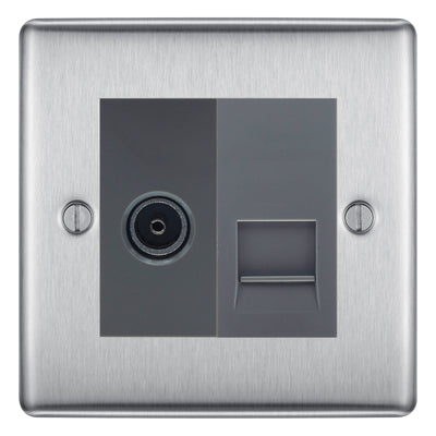 BG Nexus Brushed Steel TV Aerial & Master Telephone Socket - Grey Insert