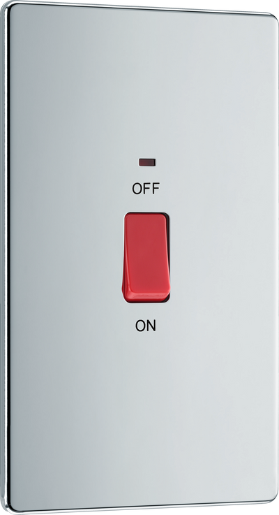 FPC72 Front - This 45A double pole switch with indicator from British General is ideal for use with cookers and has a large mounting plate measuring 146mm high x 86mm wide.