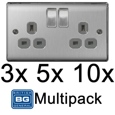 BG Brushed Steel Satin Chrome Double Socket NBS22G Multipack 2 Gang Twin Socket