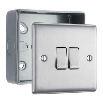 Brushed Steel 20A 16AX 2 Gang Double Light Switch & Surface Pattress Back Box by British General (BG-NBS42+MC501)
