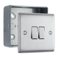 Brushed Steel 20A 16AX 2 Gang Double Light Switch & Surface Pattress Back Box