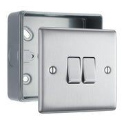 Brushed Steel 20A 16AX 2 Gang Double Light Switch & Surface Pattress Back Box by British General (BG-NBS42+MC501)