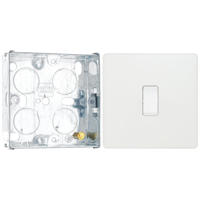 BG Evolve Pearlescent White 20A 2 Way Single Light Switch PCDCL12W with 25mm Steel Back Box