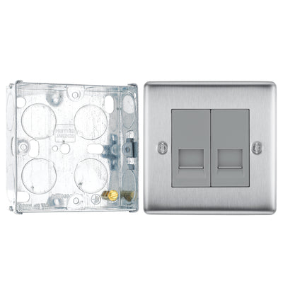 BG Nexus Brushed Steel 2 Gang RJ11 Double Data Outlet NBSRJ112 with 25mm Steel Back Box by British General (BG-NBSRJ112+HGS02)