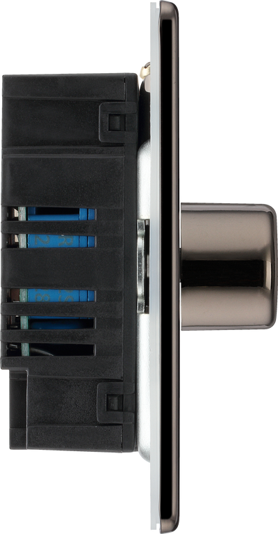 FBN82 Side - This trailing edge double dimmer switch from British General allows you to control your light levels and set the mood. The intelligent electronic circuit monitors the connected load and provides a soft-start with protection against thermal, current and voltage overload.
