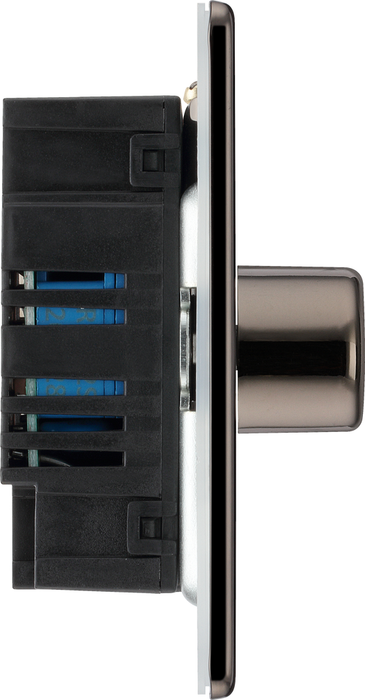FBN82 Side - This trailing edge double dimmer switch from British General allows you to control your light levels and set the mood. The intelligent electronic circuit monitors the connected load and provides a soft-start with protection against thermal, current and voltage overload.