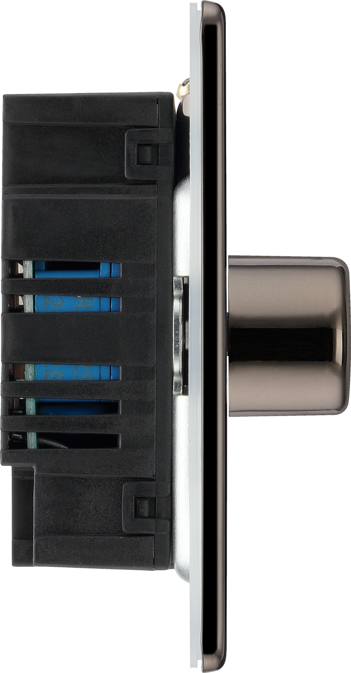 FBN82 Side - This trailing edge double dimmer switch from British General allows you to control your light levels and set the mood. The intelligent electronic circuit monitors the connected load and provides a soft-start with protection against thermal, current and voltage overload.