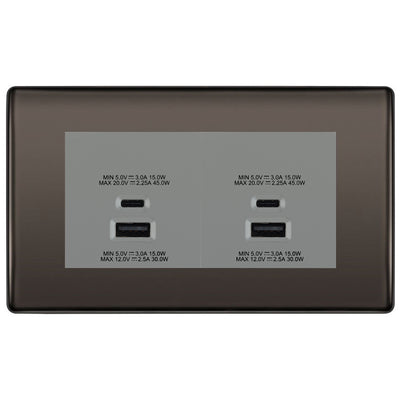 BG Black Nickel 4G Faceplate with 45W USB A+C Charger Modules - Grey Insert by British General (BG-NBNEMR4+EMUSBAC45G)