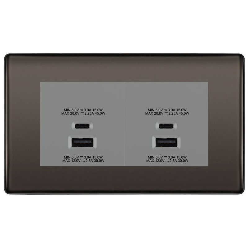 BG Black Nickel 4G Faceplate with 45W USB A+C Charger Modules - Grey Insert