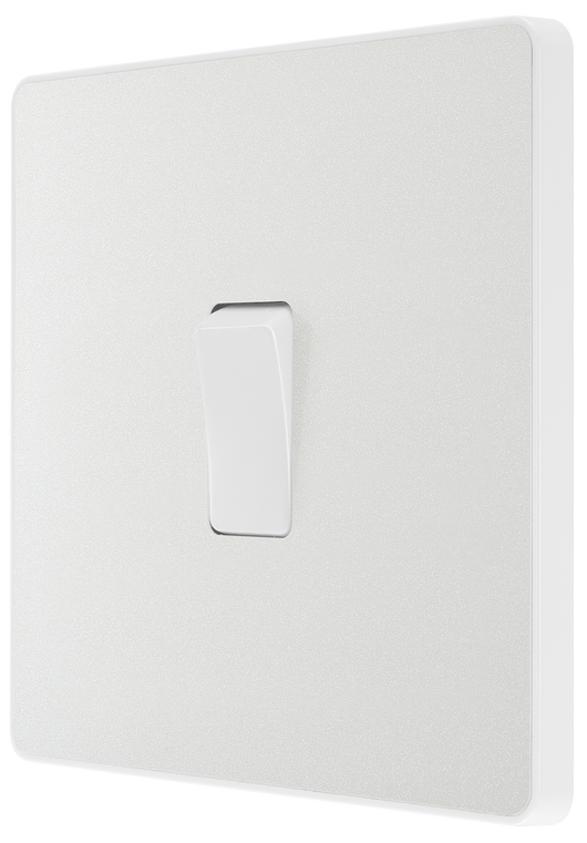 PCDCL13W Side - This Evolve pearlescent white 20A 16AX intermediate light switch from British General should be used as the middle switch when you need to operate one light from 3 different locations, such as either end of a hallway and at the top of the stairs.