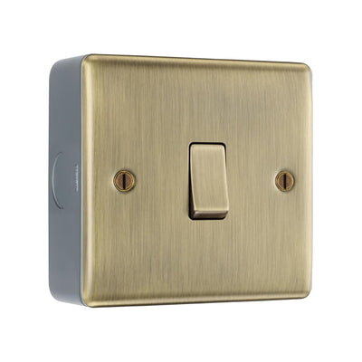 Antique Brass 1 Gang Single Light Switch & Surface Pattress Back Box by British General (BG-NAB12+MC501)