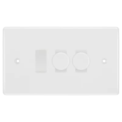 BG Nexus White Moulded 3 Gang Switch 2x Trailing Edge LED Dimmer 1x Intermediate Custom Grid Switch by British General (BG-Nexus-WM-3G-CUSTOM-2x-Dimmer-1x-INT)