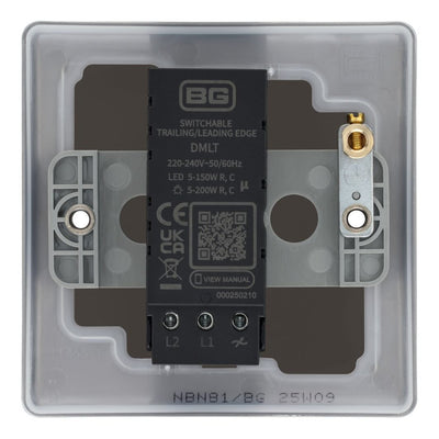 BG Nexus Metal Black Nickel 200W 2 Way Single Trailing Edge Dimmer Switch NBN81 with 35mm Steel Back Box