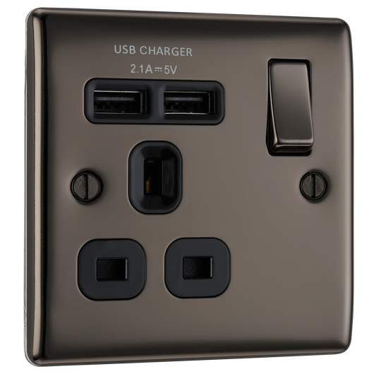NBN21U2B Front - This 13A single power socket from General comes with two USB charging ports allowing you to plug in an electrical device and charge mobile devices simultaneouslBritish y without having to sacrifice a power socket.
