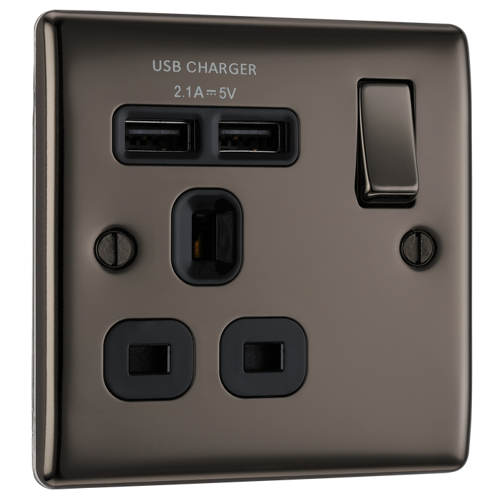 NBN21U2B Front - This 13A single power socket from General comes with two USB charging ports allowing you to plug in an electrical device and charge mobile devices simultaneouslBritish y without having to sacrifice a power socket.