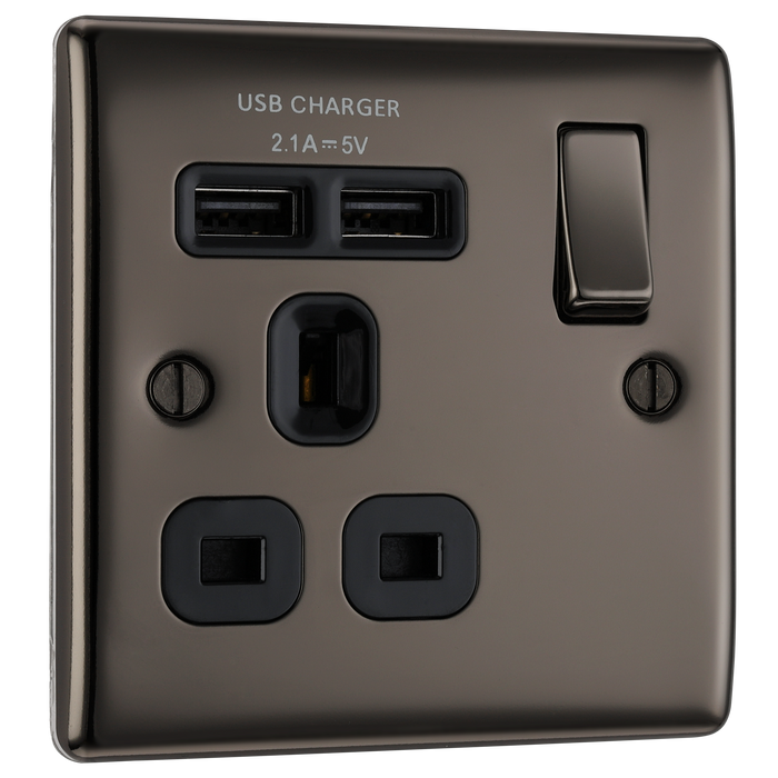 NBN21U2B Front - This 13A single power socket from General comes with two USB charging ports allowing you to plug in an electrical device and charge mobile devices simultaneouslBritish y without having to sacrifice a power socket.
