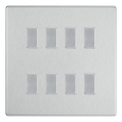 BG Brushed Steel Screwless 8 Gang Intermediate Light Switch Custom Grid Switch with Back Box Included by British General (BG-SCL-BS-8G-CUSTOM-8x-INT-SWITCH)