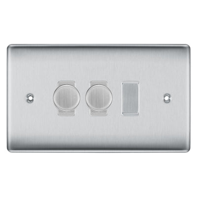 BG Brushed Steel 3 Gang Light Switch 2x Trailing Edge LED Dimmer 1x 2 Way Custom Switch