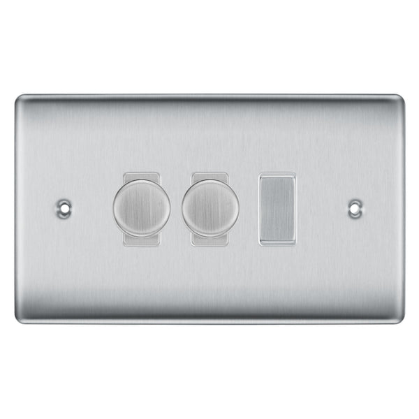 BG Brushed Steel 3 Gang Light Switch 2x Trailing Edge LED Dimmer 1x 2 Way Custom Switch