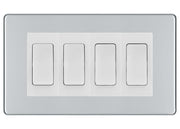 BG Electrical Screwless Polished Chrome 4-Gang Light Switch 2x 2-Way + 2x Intermediate – White Inserts by British General (BG-SCRL-PC-4G-Combo-2x INT-2x 2WAY-WH)