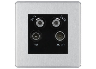 BG Screwless Brushed Steel TV/FM/2x SAT Quadplex Socket – Black Insert by British General (BG-FBSTVFMSAT2B)