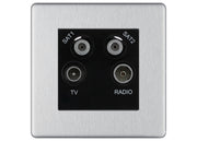 BG Screwless Brushed Steel TV/FM/2x SAT Quadplex Socket – Black Insert by British General (BG-FBSTVFMSAT2B)