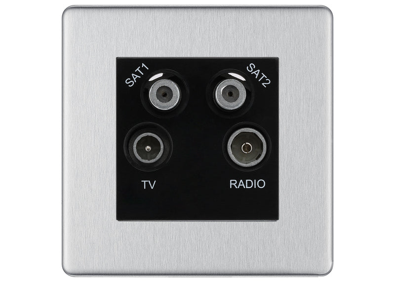 BG Screwless Brushed Steel TV/FM/2x SAT Quadplex Socket – Black Insert