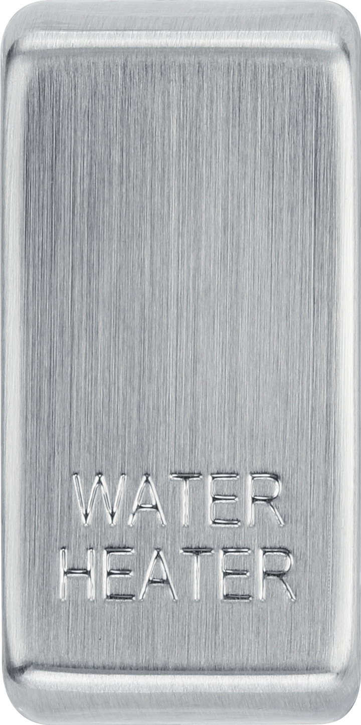 RRWHBS Front - This brushed steel finish rocker can be used to replace an existing switch rocker in the British General Grid range for easy identification of the device it operates and has 'WATER HEATER' embossed on it.