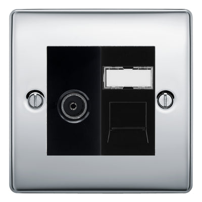 BG Nexus Polished Chrome TV Aerial & RJ45 CAT6 Data Socket - Black Insert