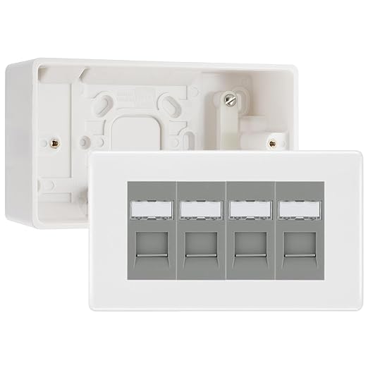 BG Nexus White RJ45 CAT6 Module with 4 Gang Faceplate, 4 Port Network Socket & 50mm Back Box (Grey Insert)