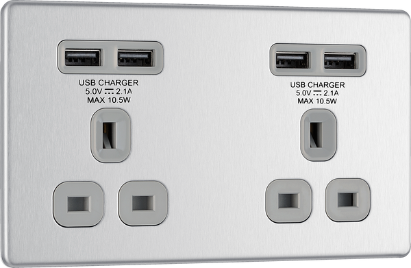 FBS24U44G Front - This completely screwless and slimline flat plate 13A double power socket from British General comes with four USB charging ports allowing you to plug in an electrical device and charge mobile devices simultaneously without having to sacrifice a power socket.