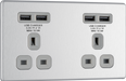 FBS24U44G Front - This completely screwless and slimline flat plate 13A double power socket from British General comes with four USB charging ports allowing you to plug in an electrical device and charge mobile devices simultaneously without having to sacrifice a power socket.