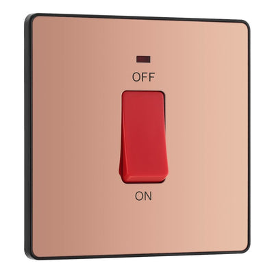 BG Evolve Polished Copper 45A 2 Pole Neon Cooker Switch PCDCP74B with 25mm Steel Back Box