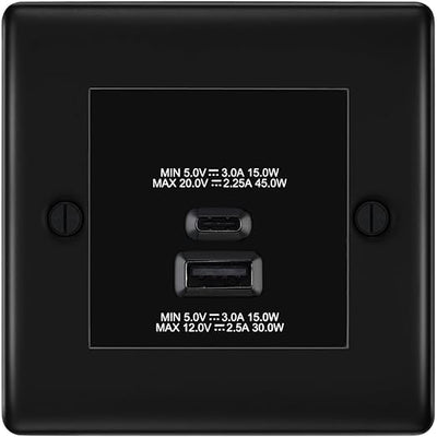 BG Nexus Matt Black 45W USB Wall Socket Euro Module USB-A & C - Black Insert by British General (BG-NFBEMS2+EMUSBAC45B)