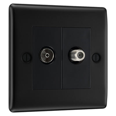 BG Nexus Matt Black Double 1x Co-Axial 1x Satellite Socket NFB65 with 25mm Steel Back Box