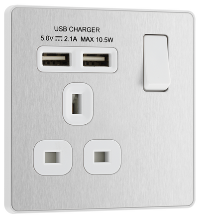 PCDBS21U2W Front - This Evolve Brushed Steel 13A single power socket from British General comes with two USB charging ports, allowing you to plug in an electrical device and charge mobile devices simultaneously without having to sacrifice a power socket.